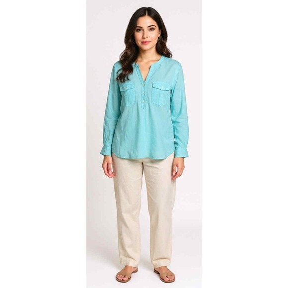 Talbots Tops - Talbots 100% Linen‎ Blouse Women's XL petite Long Sleeve Shirt Blue beach resort